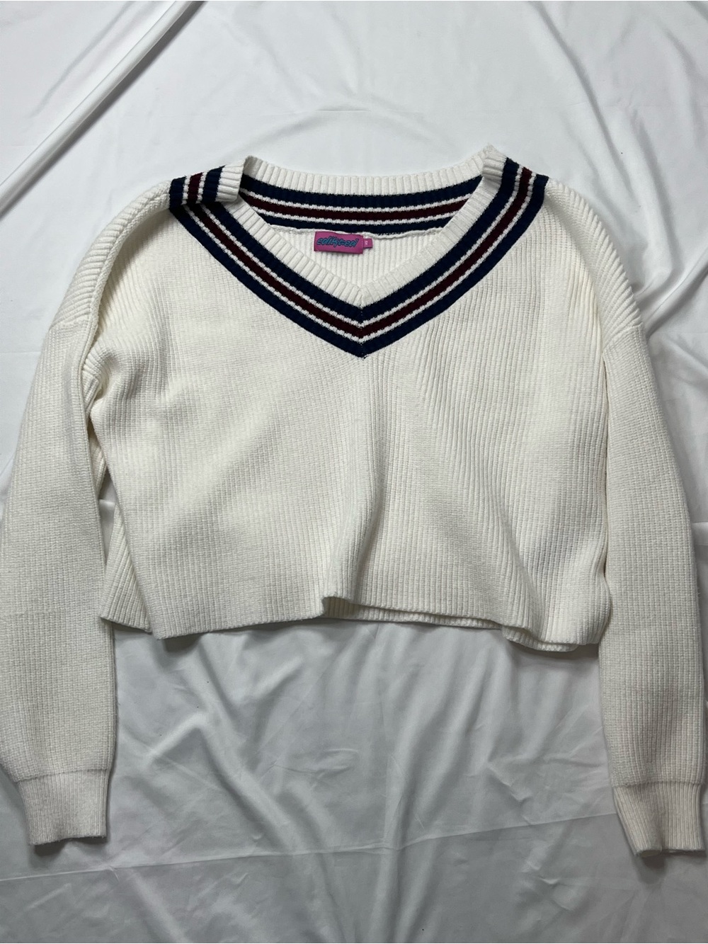 Edikted White Cropped V-Neck Sweater with Navy & Burgundy Stripe Trim